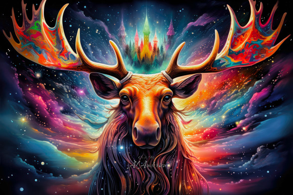 Digital artwork of a moose with brightly colored, psychedelic antlers against a backdrop of a swirling cosmic sky. The scene includes vivid colors and a cluster of illuminated, fantastical trees, creating a surreal and enchanting visual experience.