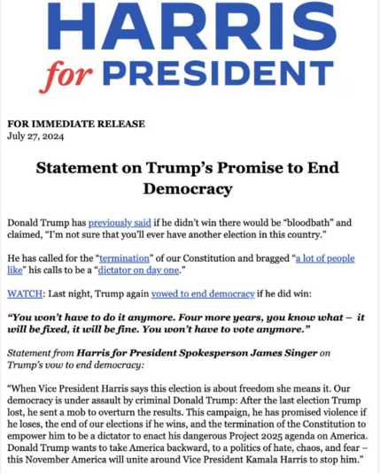 Statement on Trump's Promise to End Democracy.

Donald Trump has previously said if he didn't win there would be 