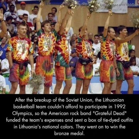 Latest Quiz and Rid After the breakup of the Soviet Union, the Lithuanian basketball team couldn't afford to participate in 1992 Olympics, so the American rock band 