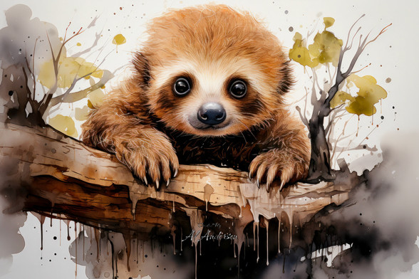 A detailed watercolor painting of a baby sloth hanging from a branch. The artwork features a soft background with earthy tones and splashes, highlighting the sloth's textured brown fur and big, curious eyes. This image captures the essence of peaceful wildlife in a natural setting.