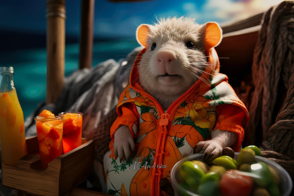 A cute guinea pig in an orange fruit-themed hoodie stands by a tray with summer drinks and a bowl of fresh fruits on a sunny beach. The backdrop features ocean views and a hammock, enhancing the tropical, vacation-like setting. This scene beautifully melds playfulness with the serene beach atmosphere.