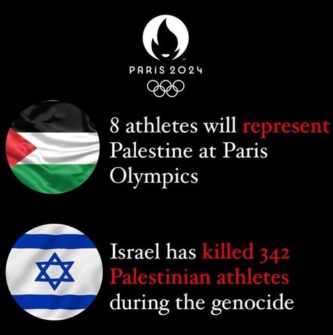 8 athletes will represent Palestine at Paris Olympics.

Israel has killed 342 Palestinian athletes during the genocide.