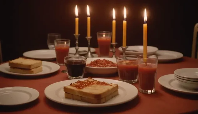 a candle lit dinner of a couple of sandwiches