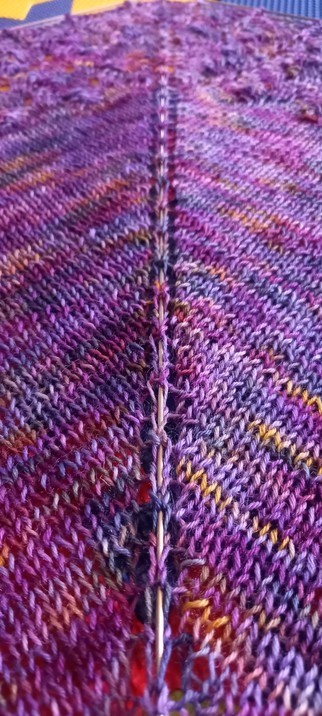 Photo shows the shawl straight up the spine with a blocking rod (long thin piece of metal) holding it straight as it dries.