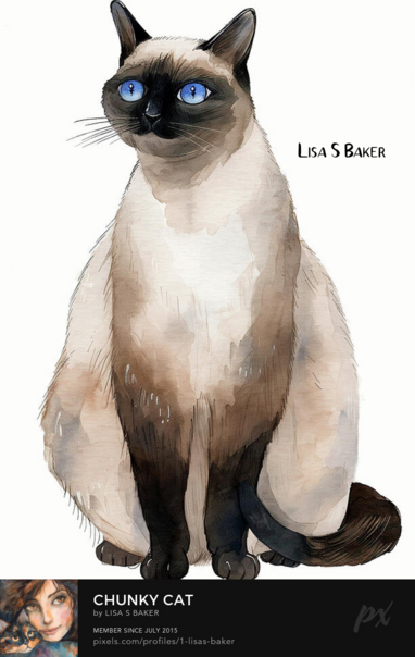 A Siamese cat with striking blue eyes is depicted sitting upright. Whimsical art by Lisa S Baker.