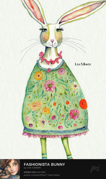 A bunny features prominent eyelashes and elongated ears, dressed in a green dress adorned with vibrant flowers and lace trimming along the hem. Whimsical art by Lisa S Baker.