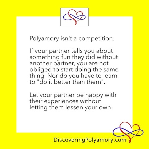 Polyamory isn't a competition.    If your partner tells you about something fun they did without another partner, you are not obliged to start doing the same thing. Nor do you have to learn to 