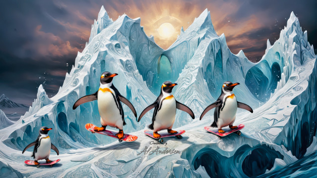 Digital artwork of three penguins skateboarding on an iceberg, set against a backdrop of towering ice formations and a low-hanging sun. The penguins are depicted in mid-action, balancing on colorful skateboards, adding a playful and surreal contrast to the icy environment.