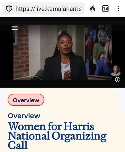 A screenshot of a speaker on video from the Women for Harris National Organizing Call.