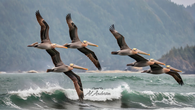 A group of brown pelicans flies in formation, skimming the tops of ocean waves along a forested Pacific Northwest coastline. The birds are in sync, with their wings fully extended, against a backdrop of misty, wooded hills and a dynamic, wavy sea.