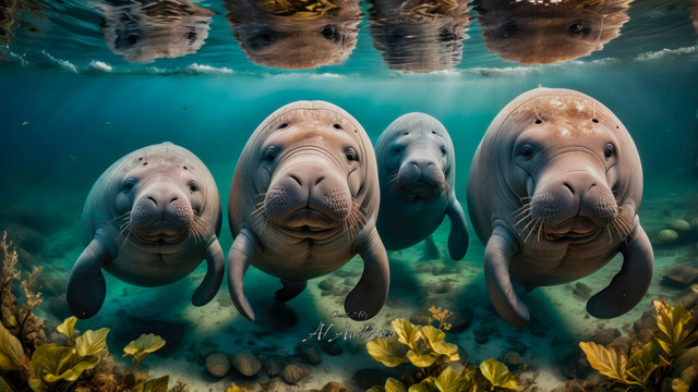 Digital image of a group of manatees submerged in clear, sunlit water. The manatees are facing forward, providing a close view of their gentle expressions and detailed features, with the calm surface of the water reflecting their images and the sky above.