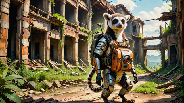 A cybernetic lemur, outfitted with robotic arms and a high-tech backpack, explores the lush ruins of an abandoned city. The image captures the contrast between advanced technology and nature's reclamation of urban spaces, as the lemur searches for remnants of the past in a post-apocalyptic world.