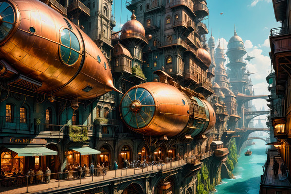The image depicts a vibrant steampunk metropolis with copper airships and intricately designed high-rise buildings. The architecture combines Victorian elegance with futuristic elements, featuring domes, ornate windows, and detailed balconies. People walk along elevated streets, while the city is bathed in warm sunlight. A river flows through the city, adding contrast and depth. The background includes a clear sky with fluffy clouds, enhancing the fantastical atmosphere.