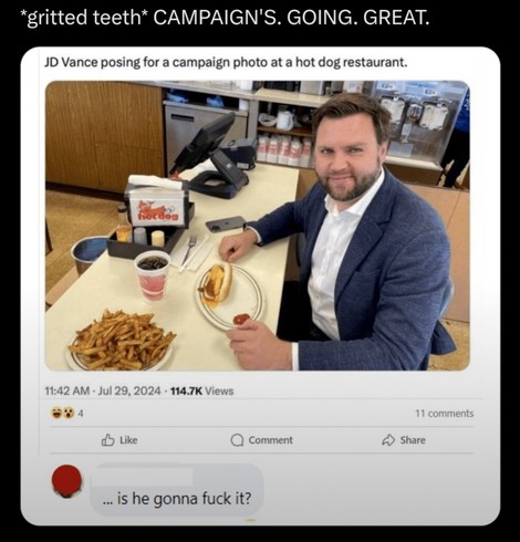 Photo of jd vance posed with a hot dog at a fast food place.
Comment says 