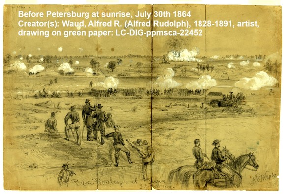 Before Petersburg at sunrise, July 30th 1864
Creator(s): Waud, Alfred R. (Alfred Rudolph), 1828-1891, artist, drawing on green paper: LC-DIG-ppmsca-22452
