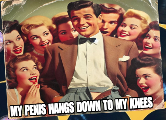 A smiling 1940s bow-tied matinee idol surrounded by young female admirers, as on an album cover. The caption reads MY PENIS HANGS DOWN TO MY KNEES. Also, his pants are unzipped.