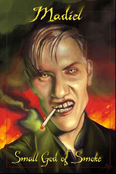 A figure with side-parted blond hair and a leather jacket sneers with a lit cigarette in their less-than-perfect teeth. The sickly green smoke matches their light eyes. Text reads, “135, Madiel ~ Small God of Smoke”