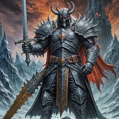 80s- style painting of lich king with sword in armour and helmet, winter mountains on background
