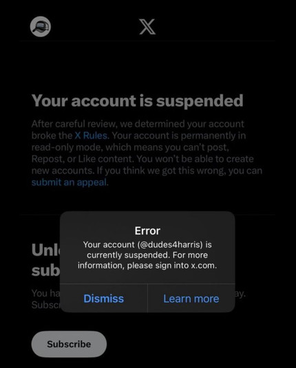 Your account is suspended X Rules | submit an appeal Error

Your account (@dudes4harris) is

ni currently suspended. For more sub information, please sign into x.com.

