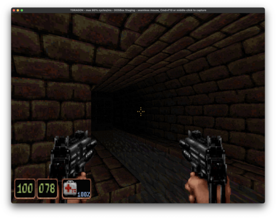 Nearly perfect light to dark gradients from Shadow Warrior (1997) being displayed with the player wielding two Uzis in a sewer.