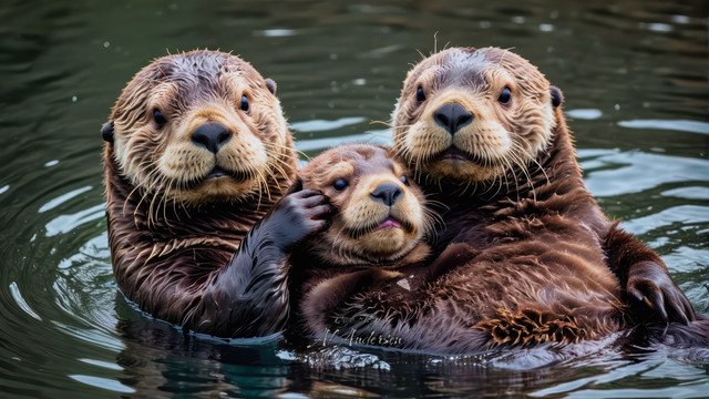 A family of three sea otters floats closely together in the water, with the central younger otter nestled between two adults. Their wet fur is detailed, and their faces express curiosity and contentment, demonstrating strong familial bonds and their natural aquatic environment.