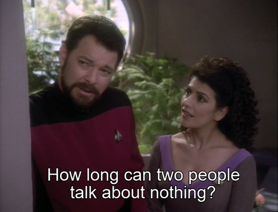 When Data writes a subroutine for Small Talk at a reception for the Enterprise crew he meets Commander Hutchinson who is a talker and they end up having a very long conversation saving the others at the reception from having to endure  small talk from their host.

 
