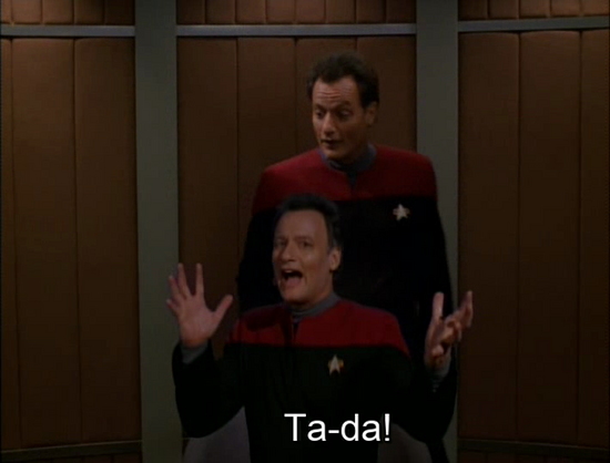 Q calls another version of himself to the Stand during an asylum hearing aboard Voyager when Voyager encounters a Q that was locked away that demands asylum aboard Voyager. 
