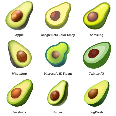 Avocado emoji designs from Apple, Google, Samsung, WhatsApp, Microsoft, X (Twitter), Facebook, Huawei and JoyPixels.