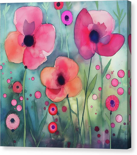 Bright and colorful flowers with vibrant pink and red petals are depicted against a teal and green background. Whimsical art by Lisa S Baker.