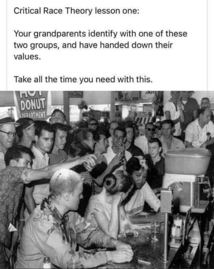 Critical Race Theory lesson one: Your grandparents identify with one of these two groups, and have handed down their values. 
Take all the time you need with this.

[Historic photo of lunch counter protestors being surrounded and assaulted by a white crowd pouring drinks and throwing food on them]