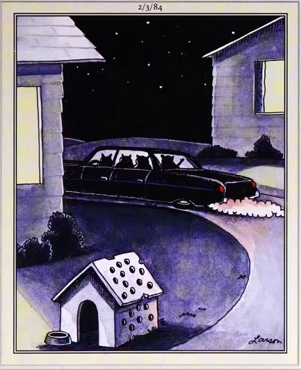 A Far Side cartoon where a limo full of cats shot up a dog house.