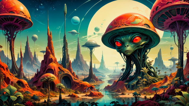 A sci-fi artwork depicting an exotic alien planet with towering mushroom-like structures, bioluminescent flora, and a colossal alien figure with glowing red eyes. The vibrant landscape includes rocky red terrain and rivers, set against a backdrop of multiple planets and moons.