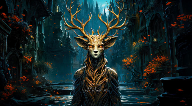 Digital artwork depicting a mythical deer-like creature with ornate antlers and leafy body, standing in a gothic cityscape under autumn leaves. The creature's glowing eyes and the dark, detailed architecture of the city create a surreal and haunting atmosphere.