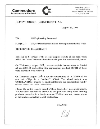 Confidential internal memo from Bill Sydnes, Commodore's VP of Engineering to all engineering staff on August 30, 1991 regarding major demos and accomplishments.
