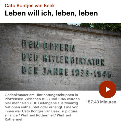 Screenshot des DLF Podcasts mit der Abbildung eines grauen Gedenksteins mit verwitterten Buchstaben: „Don Opfern der Hitlerdiktatur der Jahre 1933-1945“