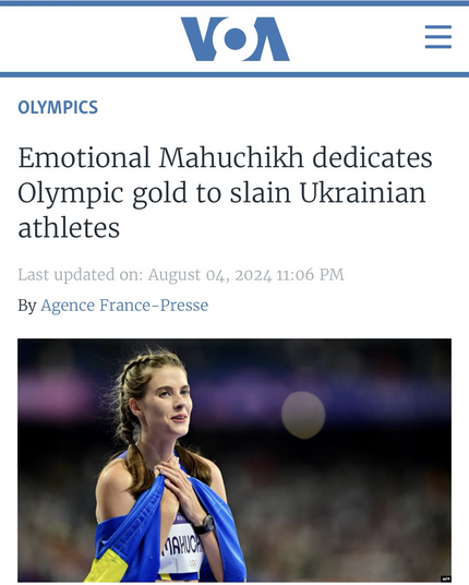 Mahuchikh said her thoughts were with the many athletes and coaches who had lost their lives in the conflict -- they, she said, would never be able to experience an evening like she had had in Paris.  