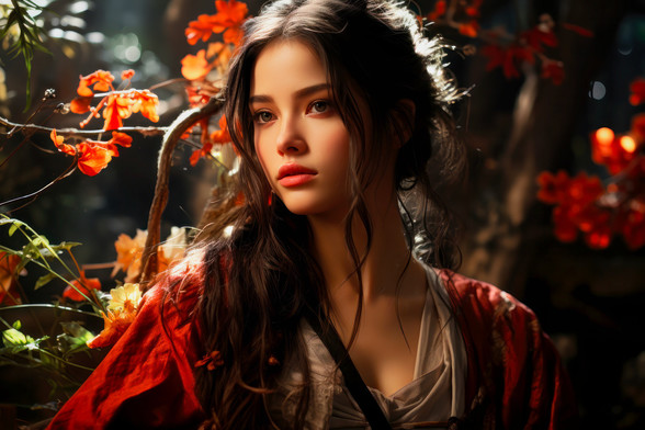 The image showcases a young Asian woman wearing a traditional kimono, standing in a lush forest. Her dark hair flows around her shoulders, and she is surrounded by vibrant red and orange blossoms. The soft, natural light highlights her delicate features and the intricate patterns of her kimono. The serene atmosphere and warm colors create a tranquil, cinematic scene.