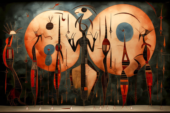 An abstract digital art piece depicting Kokopelli figures dancing against a backdrop of large, moon-like circles. The artwork is rich in earth tones, with orange highlights and tribal symbols, creating a narrative that blends ancient folklore with celestial themes. 