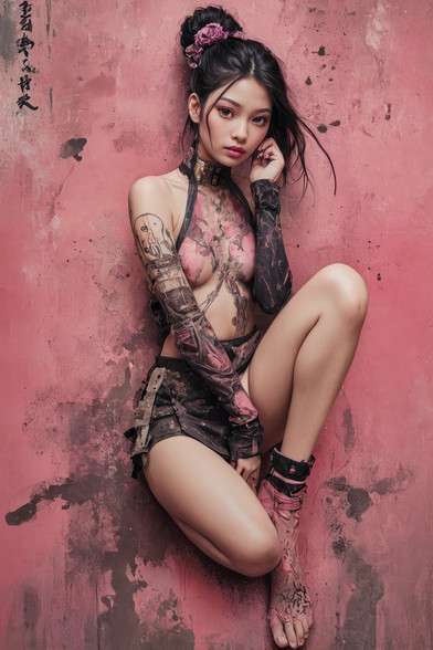 The image depicts a young Japanese woman seated against a textured pink wall. She wears a high-neck crop top with long sleeves and matching shorts, featuring floral patterns and grunge elements. Her arms and legs display intricate tattoos. The background includes grunge textures and subtle calligraphy, blending urban punk with traditional elegance. Her serene expression and confident pose add depth to the scene. 