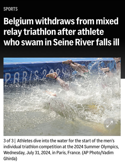 Athletes dive into the water for the men's individual triathlon competition at the 2024 Summer Olympics in Paris, France. The headline reads, 