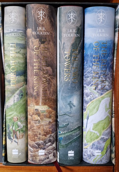 View of the box set of 'The Hobbit' combined with  'The Lord of the Rings' by J.R.R. Tolkien, illustrated by Alan Lee.