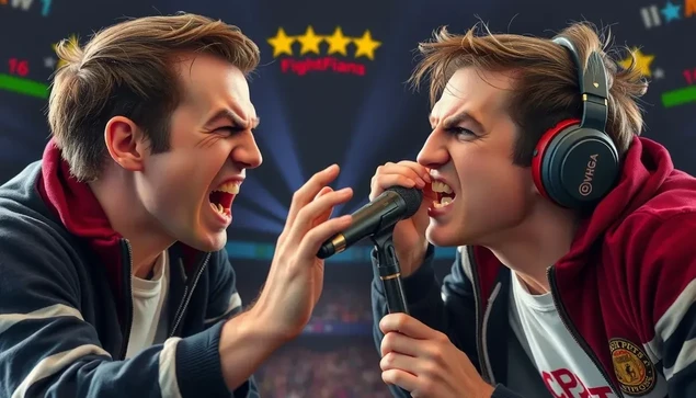 two voice actors fighting over a microphone, fighting game background