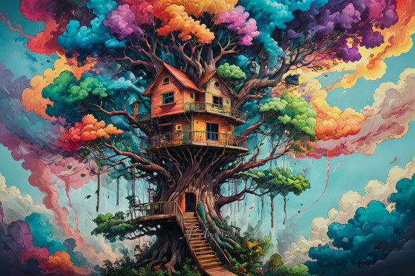 This enchanting fantasy artwork features a whimsical tree house perched high in the branches of a colossal, ancient tree. The tree house is a charming wooden cottage with multiple levels, balconies, and a spiraling wooden staircase that winds around the massive trunk. The architectural details of the house, such as its gabled roofs and cozy windows, exude a sense of warmth and nostalgia.

The tree itself is an awe-inspiring natural marvel, with a gnarled trunk and an expansive canopy bursting with a riot of colors. The foliage transitions from deep greens to vibrant hues of orange, red, purple, blue, and yellow, blending seamlessly into swirling, cloud-like formations that envelop the tree. These colorful clouds create a dreamlike, almost surreal atmosphere, enhancing the whimsical nature of the scene.

The background is equally magical, with a sky filled with pastel hues and dynamic clouds that seem to dance around the tree. The interplay of light and shadow throughout the artwork adds depth and dimension, highlighting the intricate details of the tree, the house, and the surrounding landscape. This piece captures the imagination, inviting viewers to escape into a fantastical world where nature and fantasy intertwine seamlessly.