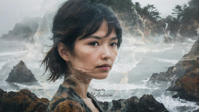 The image shows a double exposure portrait of a woman with a pensive expression, blended with a misty coastal landscape. Her features are superimposed over crashing waves and rocky shores, creating a harmonious fusion of human emotion and natural beauty. The scene is ethereal and moody, with mist and waves intertwining with her hair and clothing.