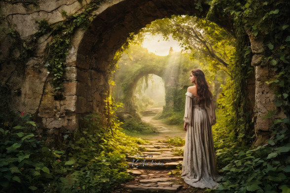 The image shows a faerie maiden standing amidst ancient, ivy-covered ruins. She wears a flowing gown and gazes down a sunlit, cobblestone pathway surrounded by lush greenery. Sunlight streams through the archways, creating a warm, ethereal atmosphere. The scene is tranquil and magical, blending nature with ancient architecture.