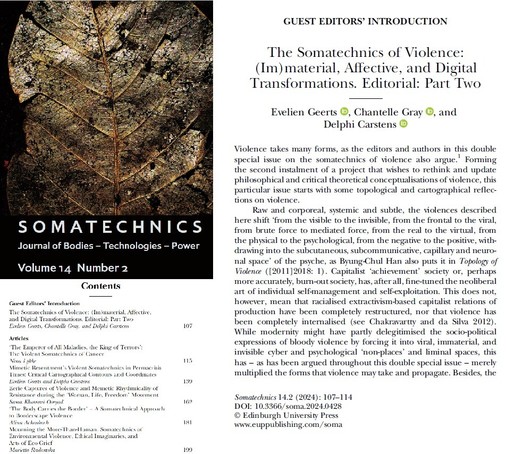 Picture of the Somatechnics special issue cover, with a list of contributors & intro of the editorial