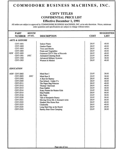 CDTV price list as of December 1, 1991. Includes software titles, accessories, upcoming titles, prices, and product codes.