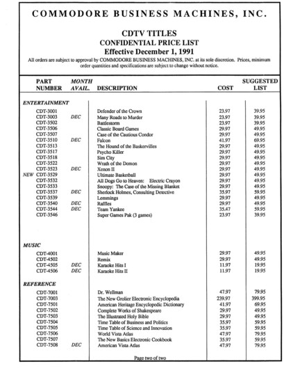 CDTV price list as of December 1, 1991. Includes software titles, accessories, upcoming titles, prices, and product codes.