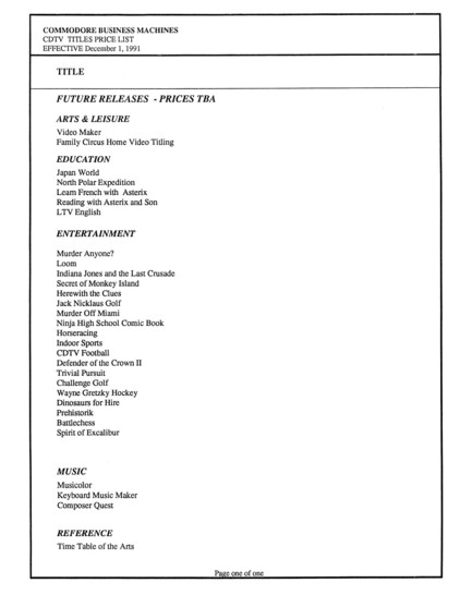 CDTV price list as of December 1, 1991. Includes software titles, accessories, upcoming titles, prices, and product codes.