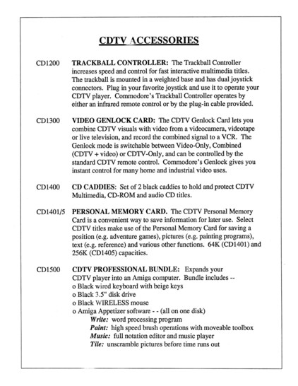 CDTV price list as of December 1, 1991. Includes software titles, accessories, upcoming titles, prices, and product codes.